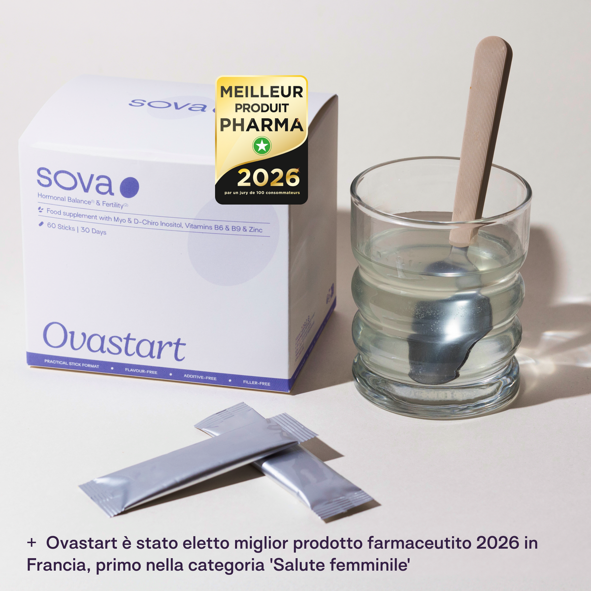Ovastart di SOVA Care, integratore a base di Myo e D-Chiro Inositolo in formato stick, premiato Miglior Prodotto Pharma 2026