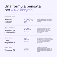 Composizione attiva di Ovastart: Myo e D-Chiro Inositolo 4000mg, Zinco bisglicinato, Vitamina B9 Quatrefolic® e Vitamina B6